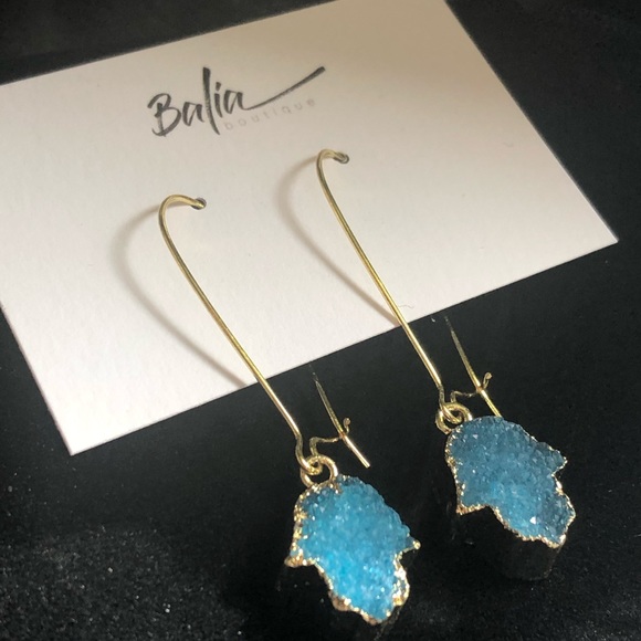 New Handmade Druzy Hamsa Hand Drop Earrings - Picture 5 of 10